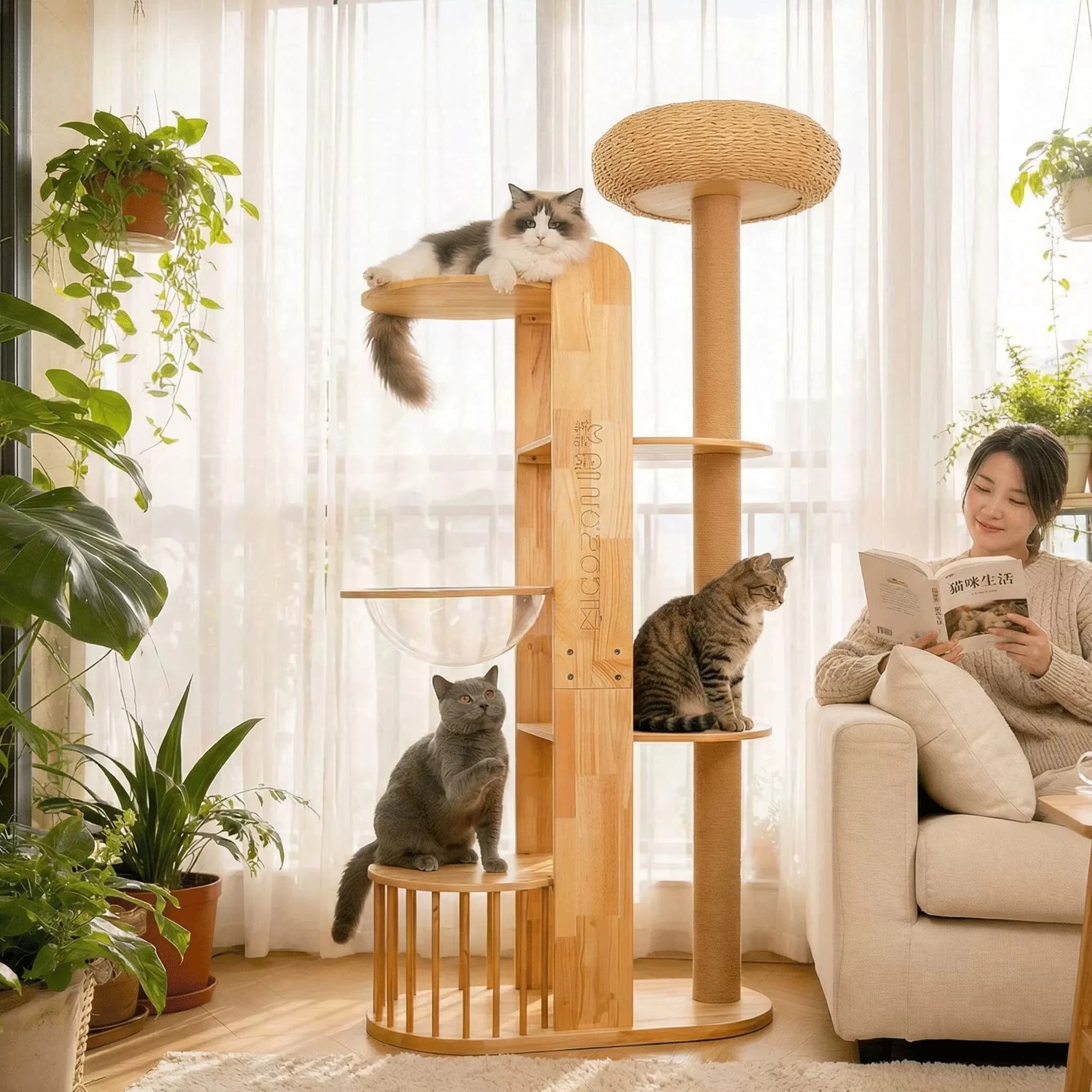 Space capsule minimalist large scratching board, large cat bed, integrated cat tree, solid wood cat climbing frame