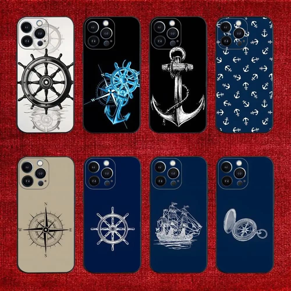 Custodia per telefono con ruota per nave Anchor Boat per iPhone 17,16,15,14,13,12,11,Pro,X,XS,Max,XR,Plus,Mini Cover morbida nera