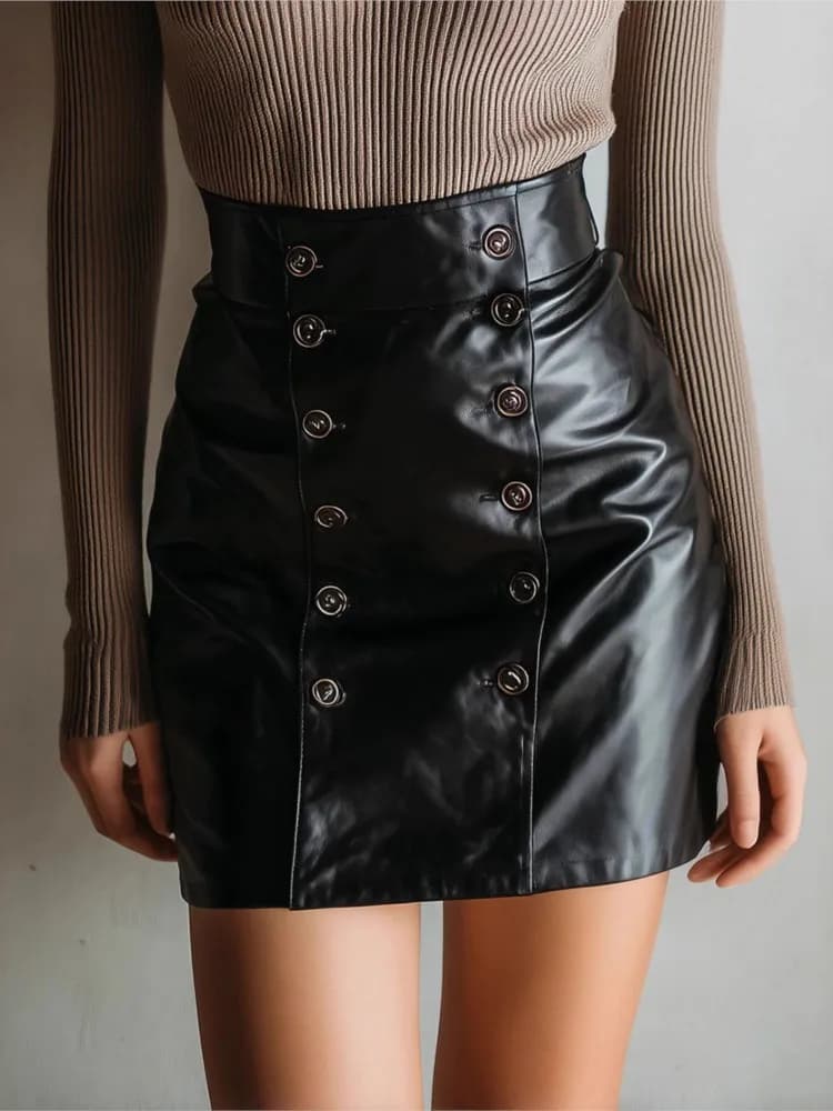 New Style PU Leather skirt with double breast design Sexy and fashionable skirt covering hips casual black elegant autumn skirts