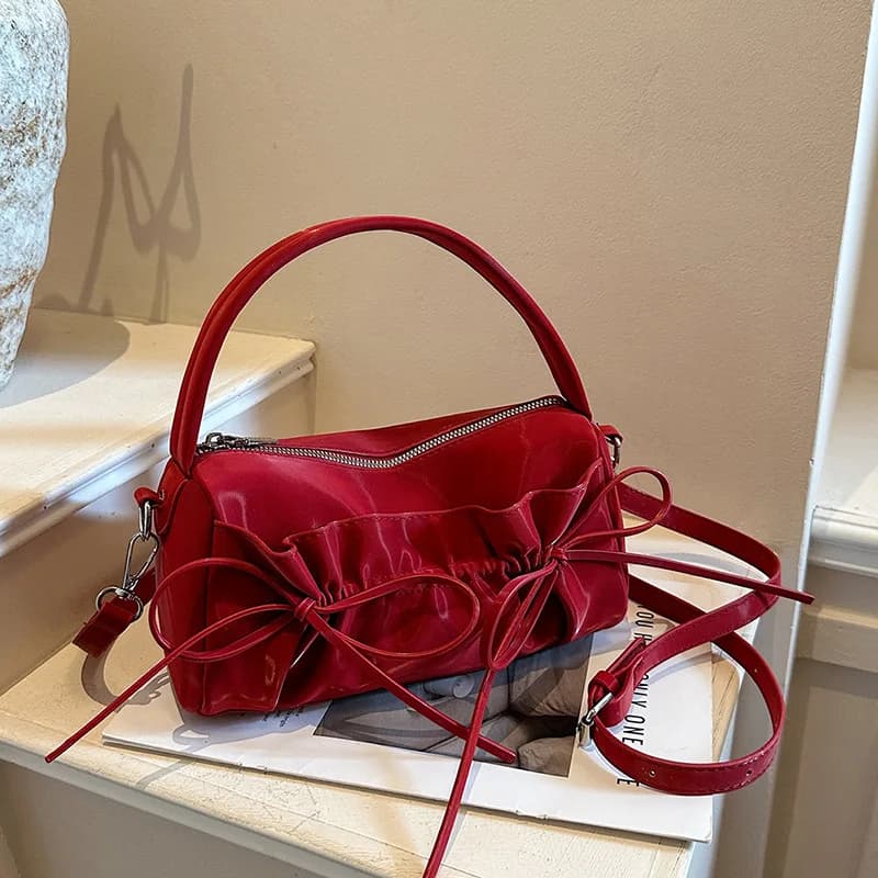 Ruched Bow Women Shoulder Crossbody Bag Pu Leather Lady Handbag Design Ladies Axillary Bags Suitable for Daily Commute, Shopping