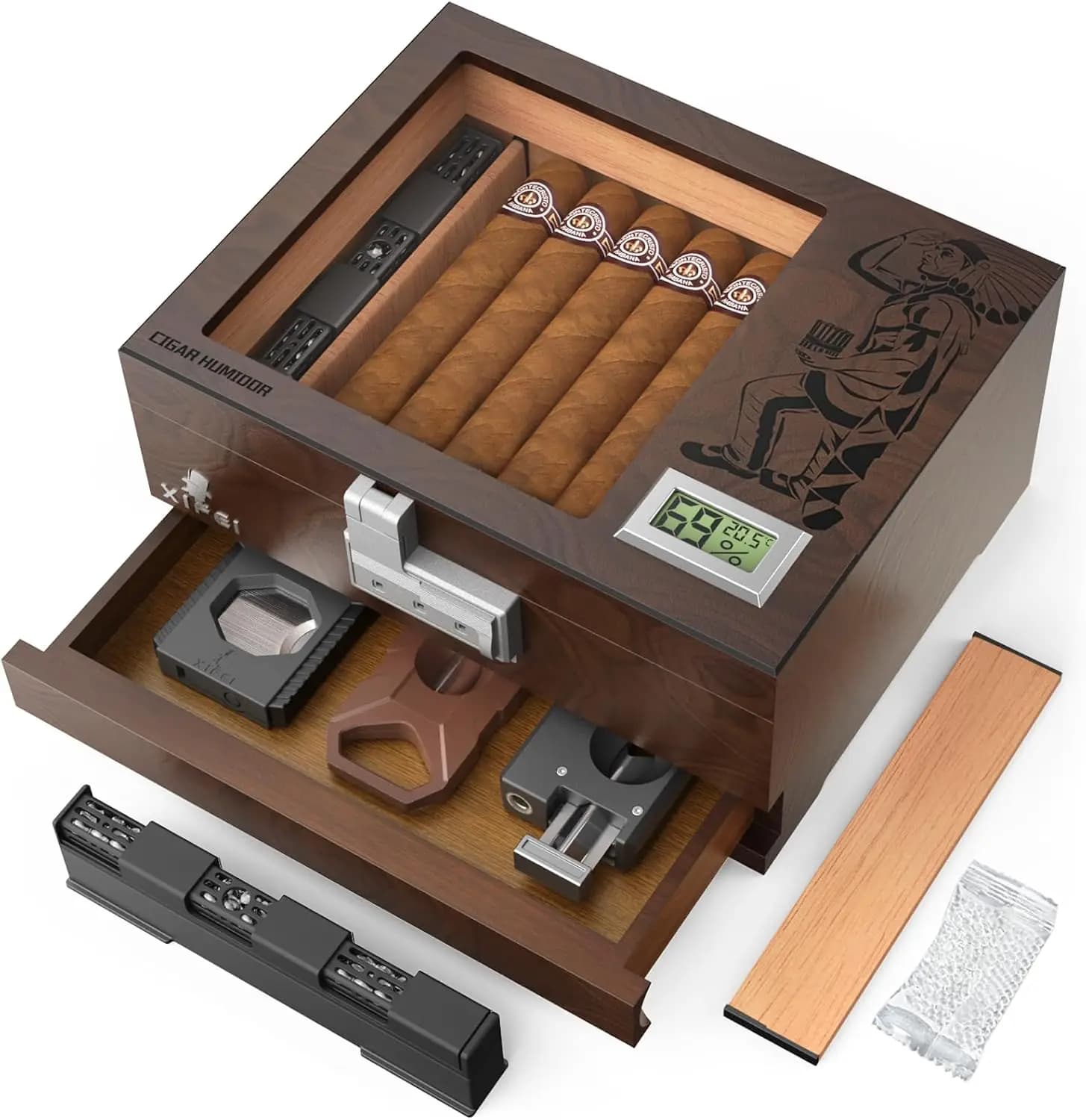 Cedar Wood Cigar Humidor with Glass Top, Digital Hygrometer, Humidifier, Drawer & Lock, Holds 20-30 Cigars, Gift for Men