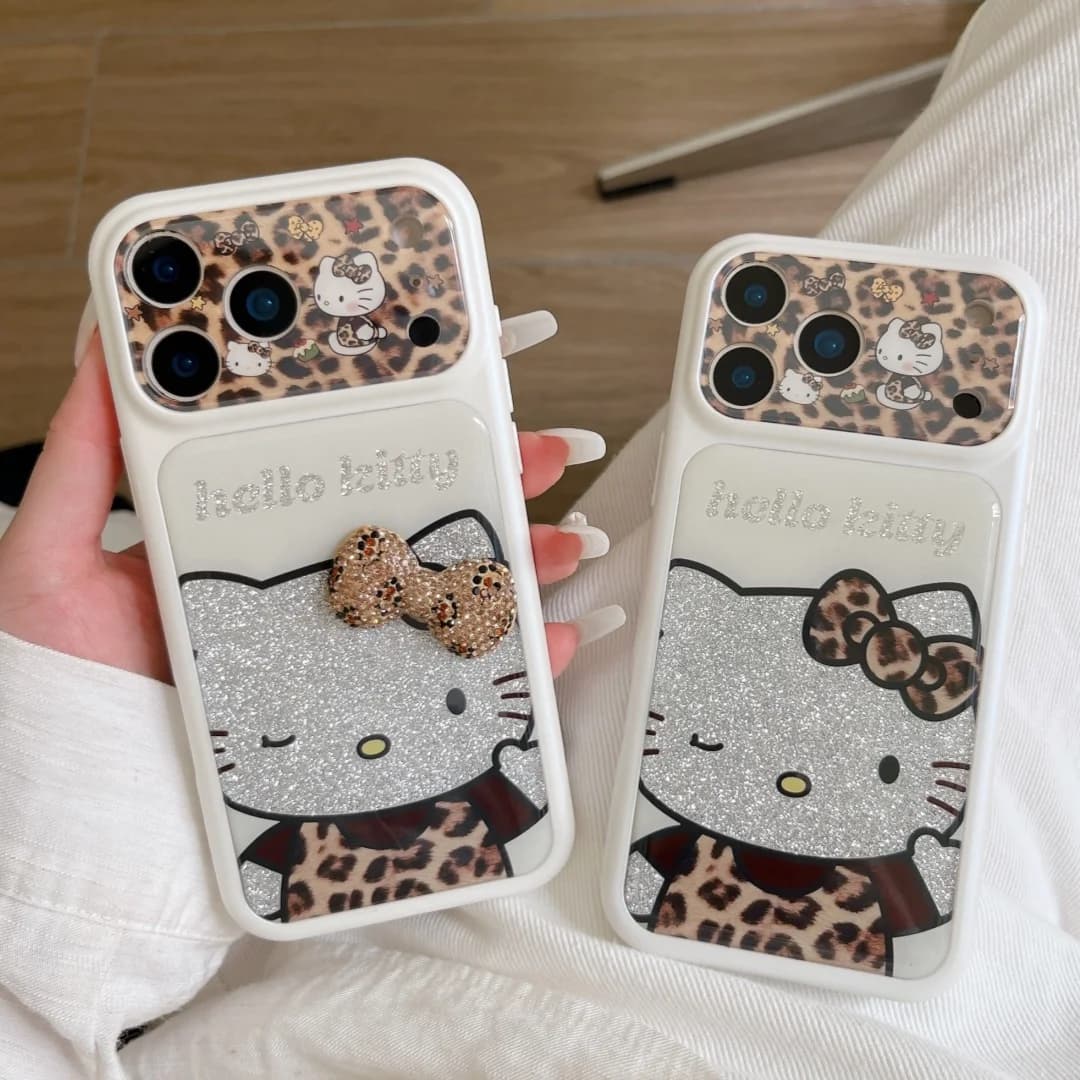 Cute Cartoon Leopard Print Bow Hello Kitty Glitter Matte Phone Case For iphone 17 16 15 Pro Max Lens Protective PC Back Cover