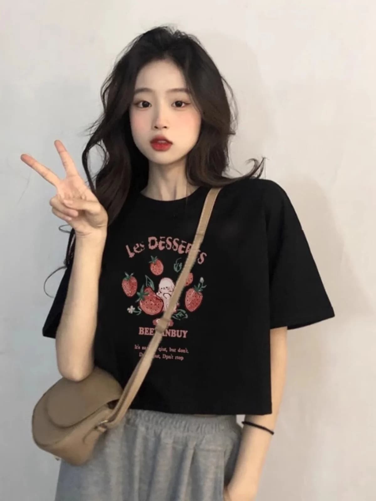 Cotton Short Sleeve T-Shirt Women's Cool Black Short Style Cartoon Pattern Design Loose Fit Summer Top Korean Version Commute...
