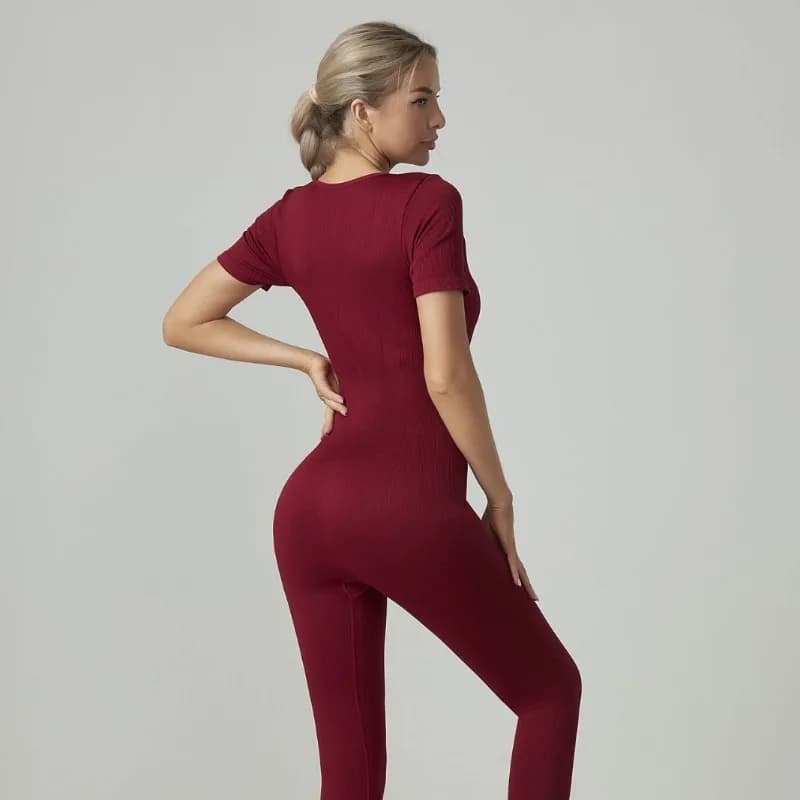 Abbigliamento da yoga monopezzo aderente e senza cuciture, maniche corte filettate ad alta resistenza e pantaloni lunghi, abbigliamento sportivo e fitness per