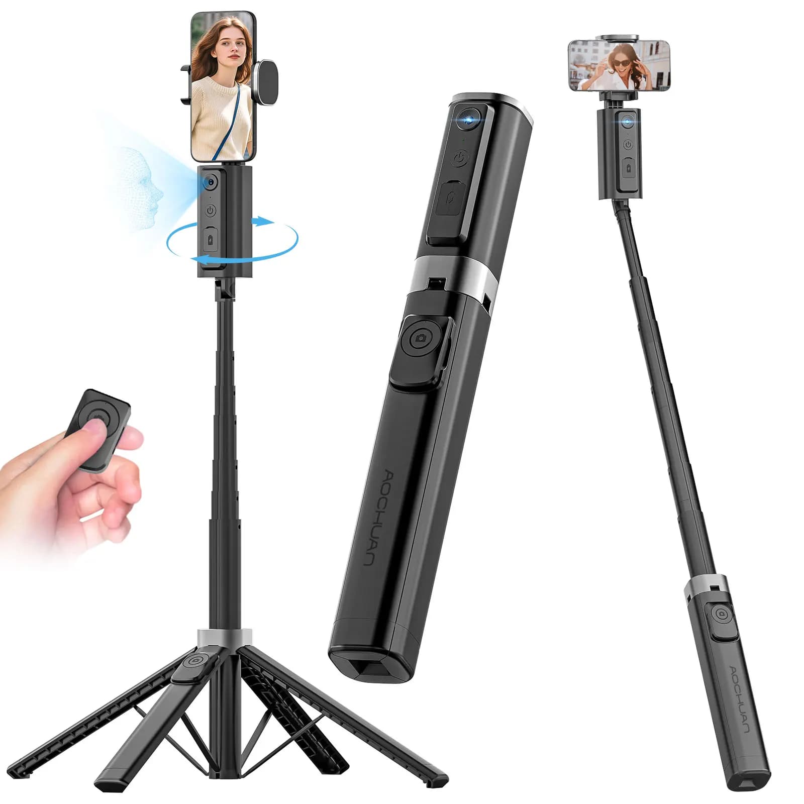 Portable Selfie Stick AOCHUAN Smart M3 equipped with AI tracking and 360 ° Rotation without blind spots for smartphone photography