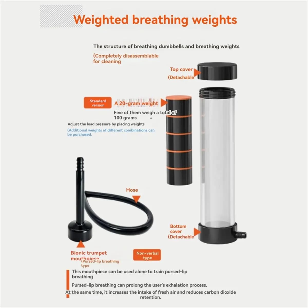 New arrival Breathing Dumbbell Exercise Device for Lungs Deep Breathing Trainer, Natural Lung Trainer for Adults, 100g White