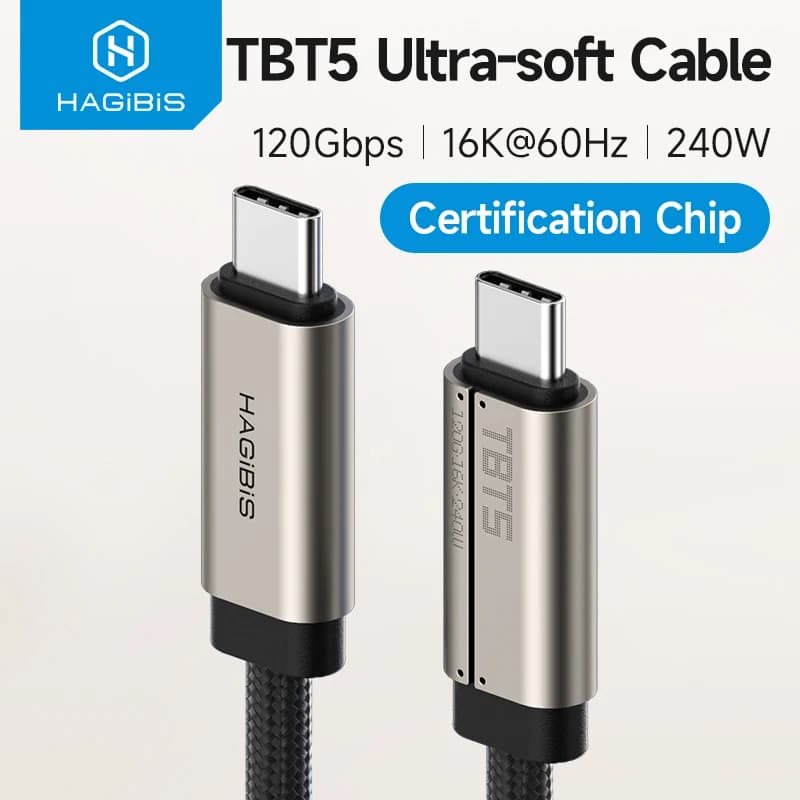 Cavo Hagibis TBT5 Super Morbido USB C con Larghezza di Banda 120Gbps, Ricarica 240W, Video 16K/8K Compatibile con Thunderbolt 4