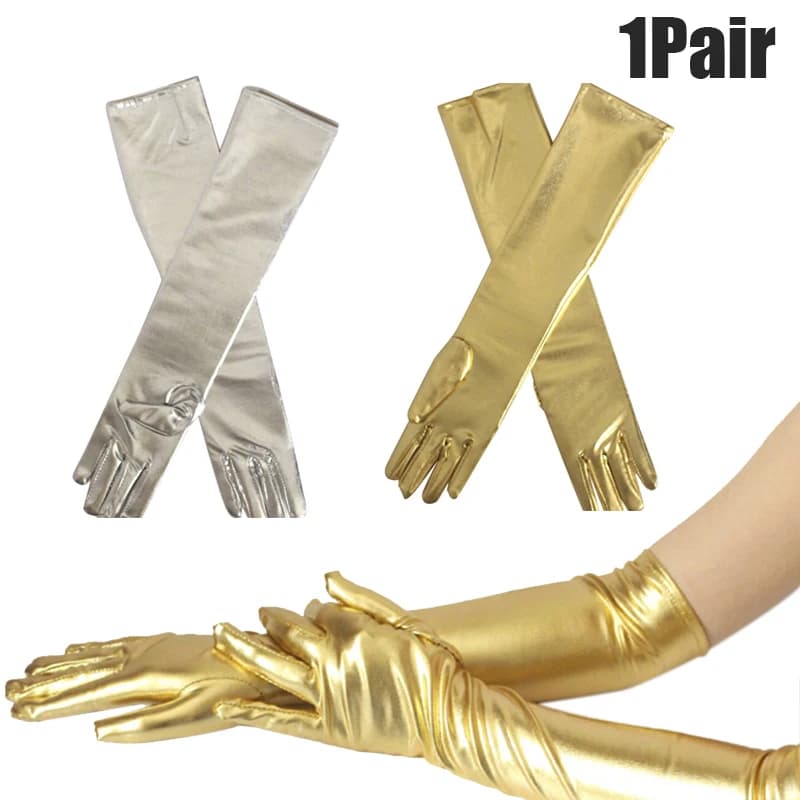 1 paio di guanti metallici in finta pelle effetto bagnato oro argento guanti da performance per feste da sera da donna sexy al gomito lungo in lattice