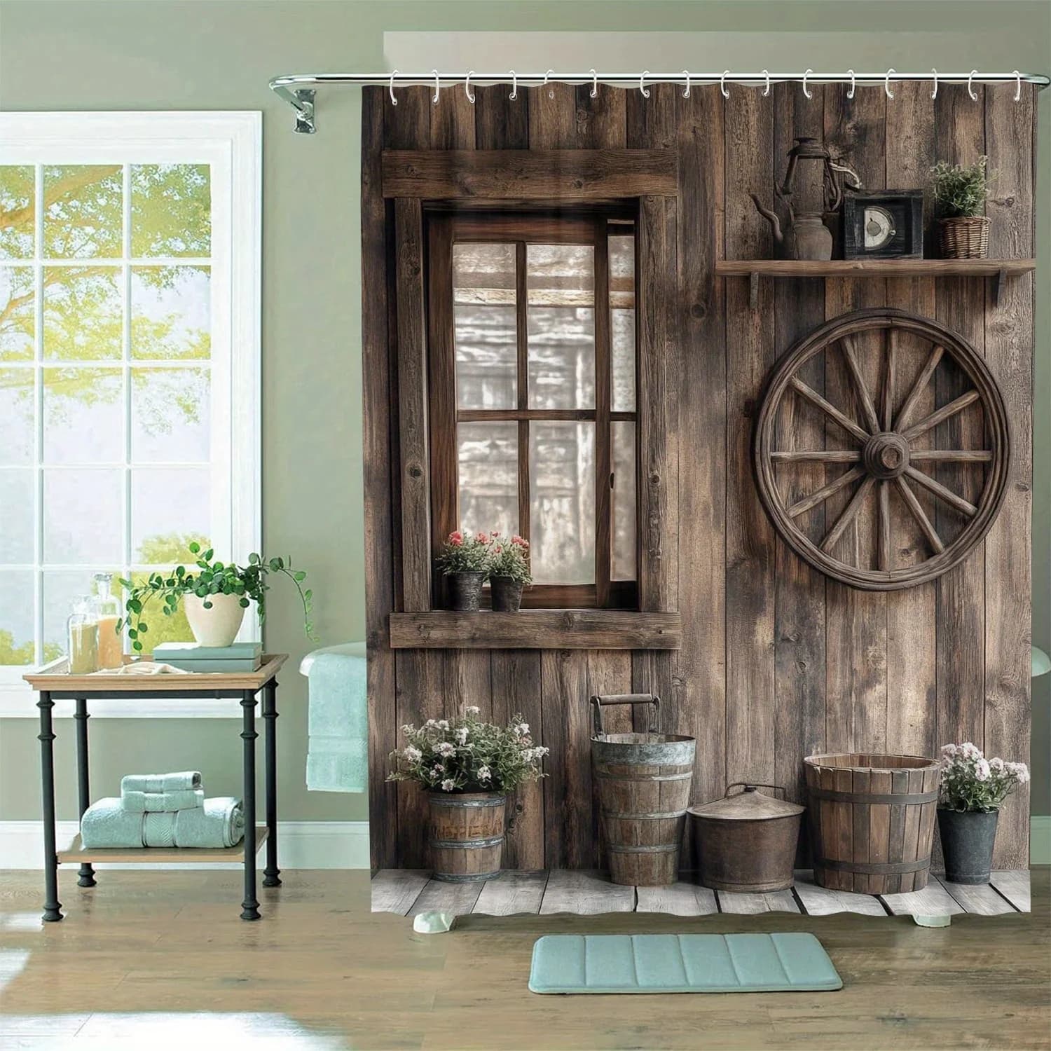 Tenda da doccia rustica con motivo a parete in legno con 12 ganci - Impermeabile, lavabile in lavatrice, design artistico