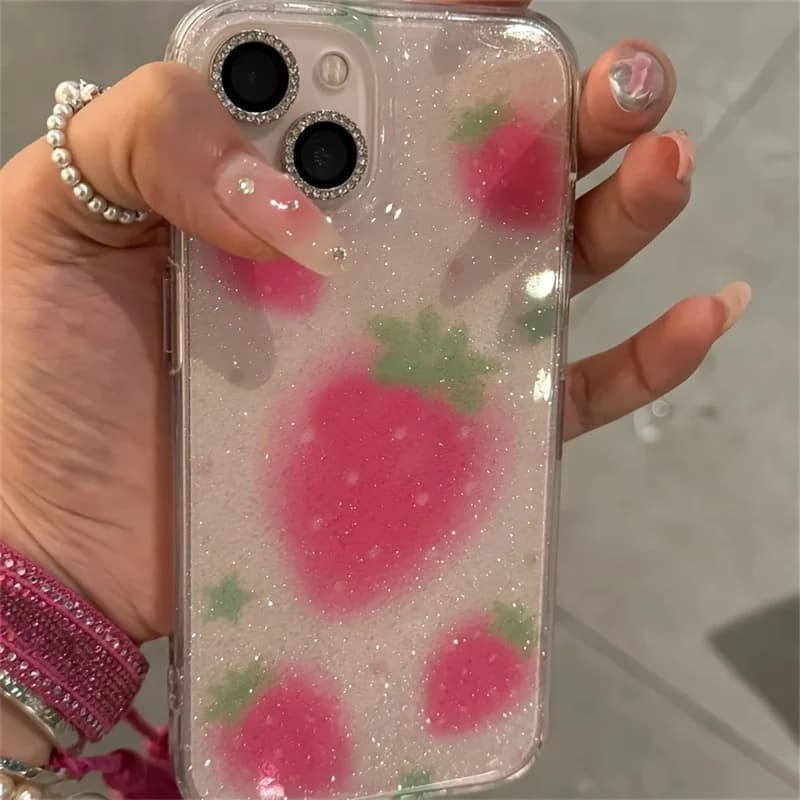 Cute Glitter Strawberry Clear Phone Case For iPhone 16 15 14 13 12 11 Pro Max XS X XR 16E 7 8 Plus SE2 Lovely Bwoknot Soft Cover