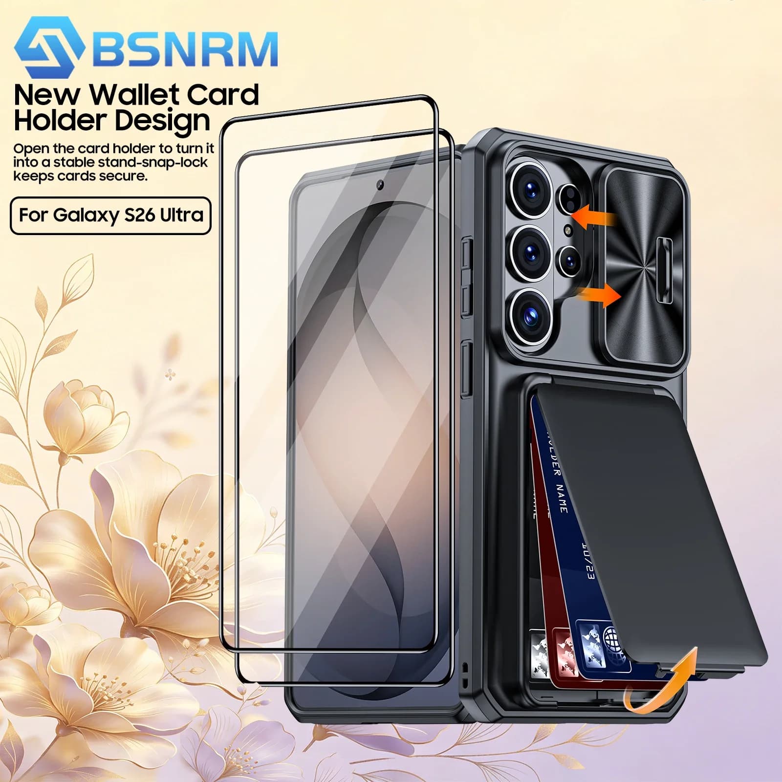 Custodia per Samsung Galaxy S26 Ultra, con Porta Carte [Blocco RFID], Copri Fotocamera Scorrevole e Custodia a Portafoglio Rinforzata - Nera