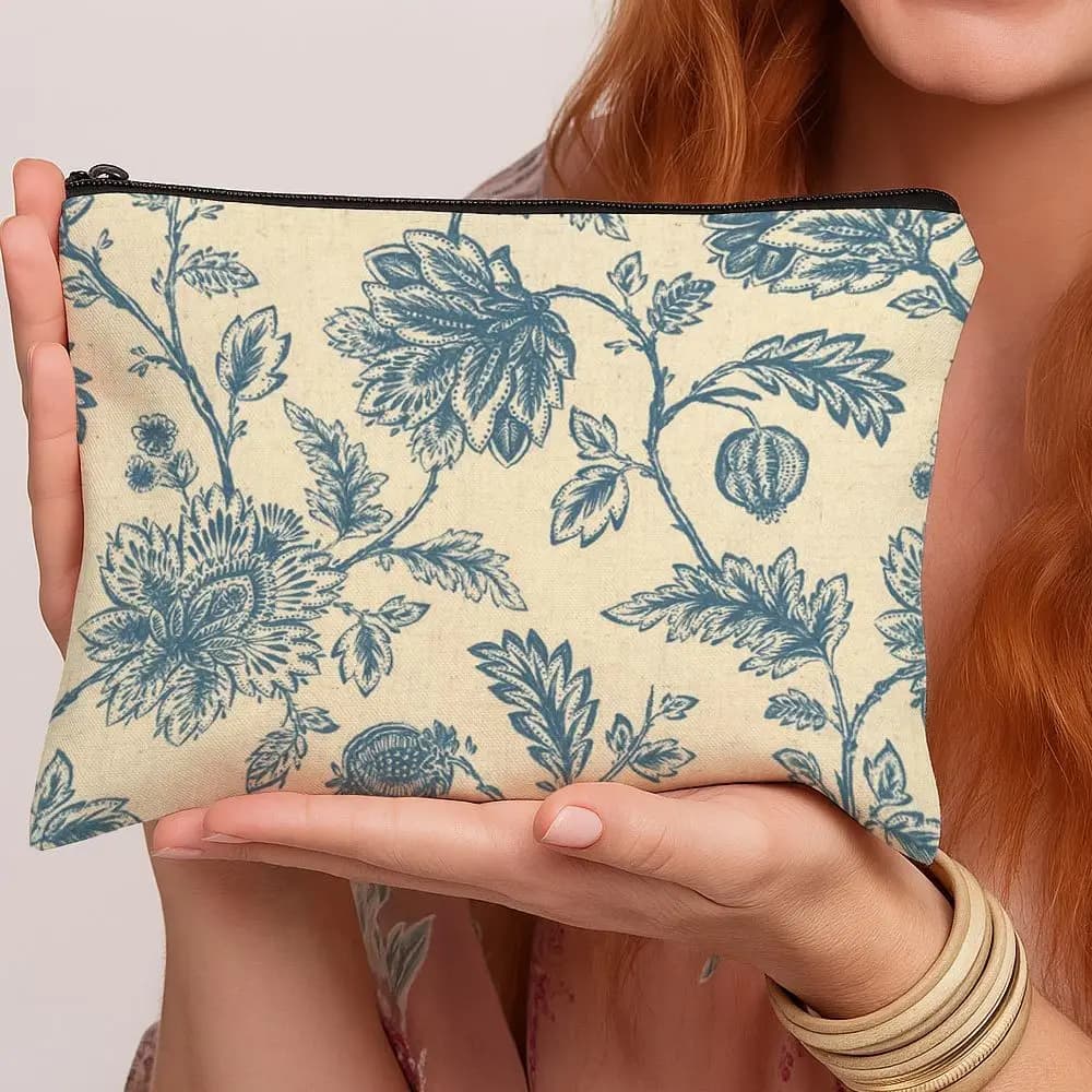 French Style Botanical Toile Print Cosmetic Bag Floral Blue White Illustration Lightweight Travel Makeup Organizer Storage Bag