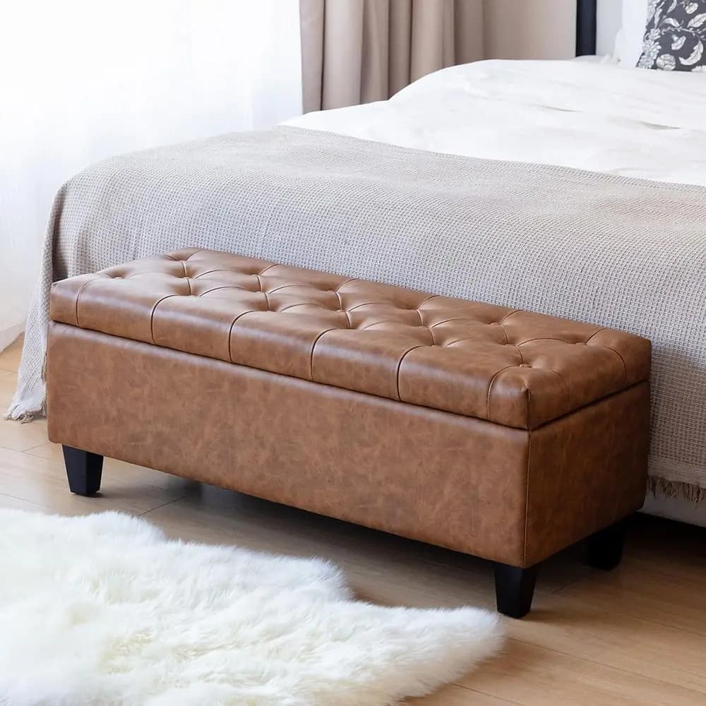 Leather Storage Ottoman Bench with Button Tufted Top, Solid Wood Legs, and Safety Hinge for Bedroom, Living Room, or Entryway