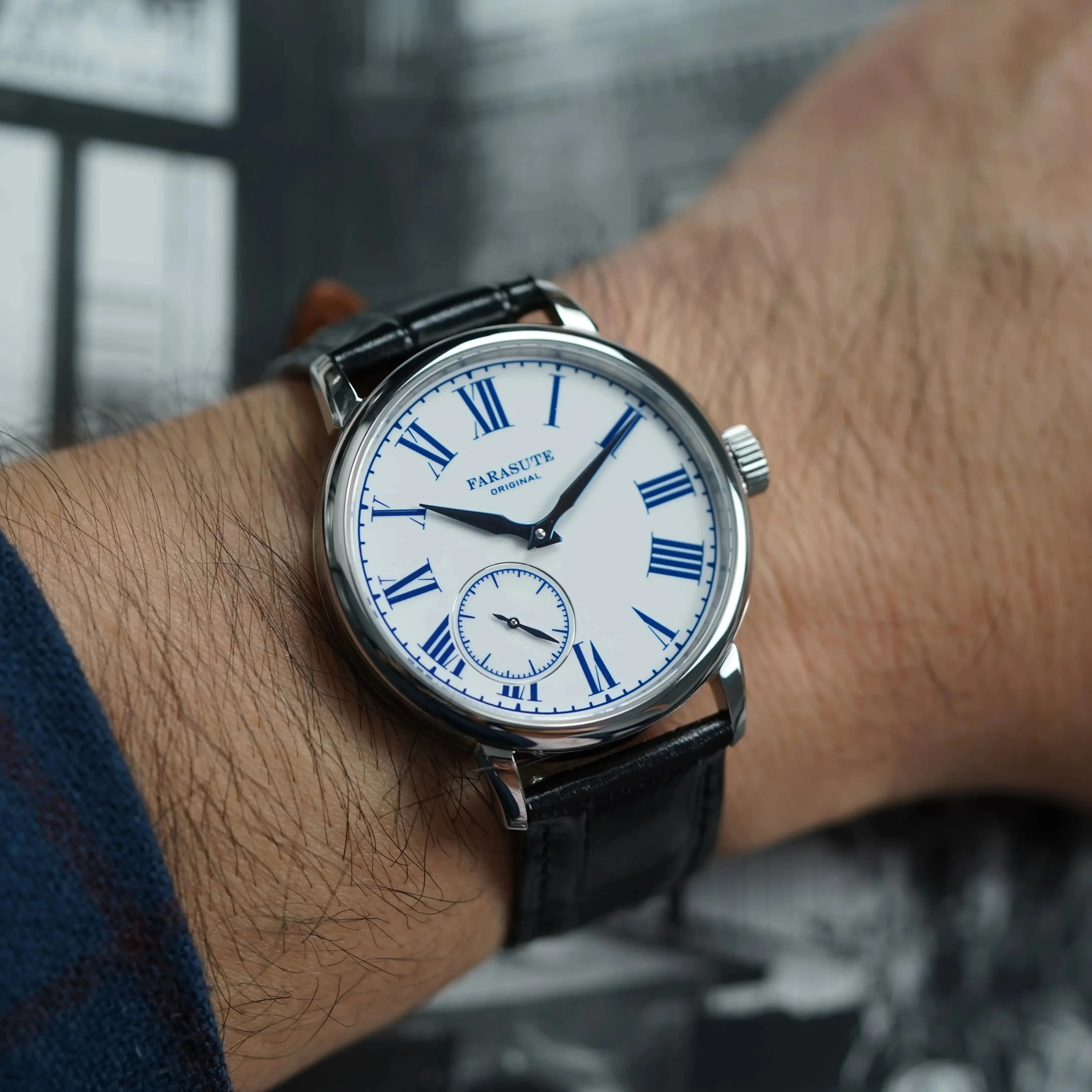 FARASUTE Men Vintage Watch 39mm Manual Winding Mechanical Wristwatch Sapphire Mirror Enamel White Dial Power Reserve 80 Hours