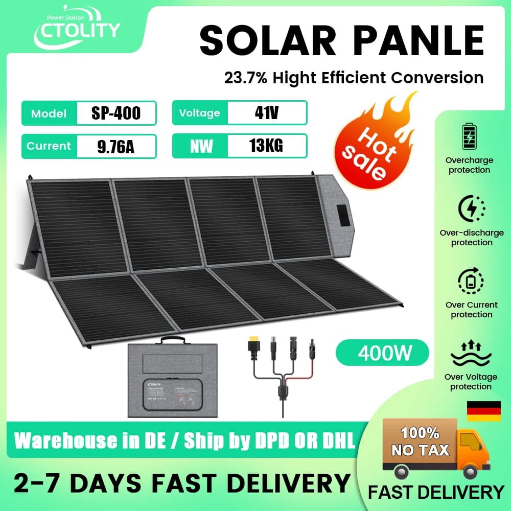 CTOLITY SP400 Pannello Solare Portatile 400W, Pannello Solare Pieghevole 41.0V, Adatto per Campeggio e Camper
