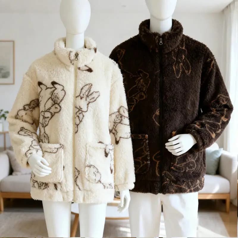 Couple Cartoon Print Loungewear Jacket Coral Fleece Stand Collar Zipper Pajama Top Warm Homewear Men Women Sleepwear Outerwear