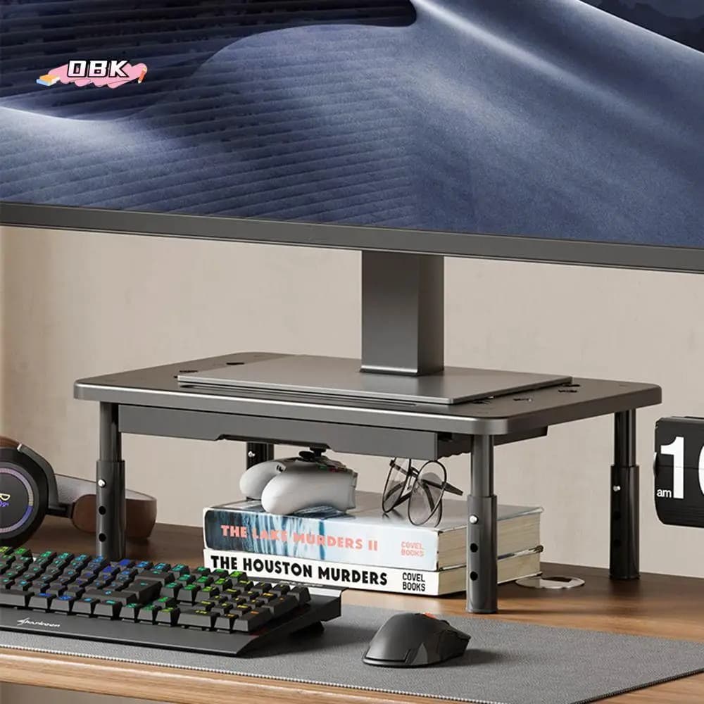Rialzo per monitor per computer regolabile in altezza, prese d'aria per flusso d'aria da costruzione in acciaio, supporto per laptop regolabile, salvaspazio con cassetto