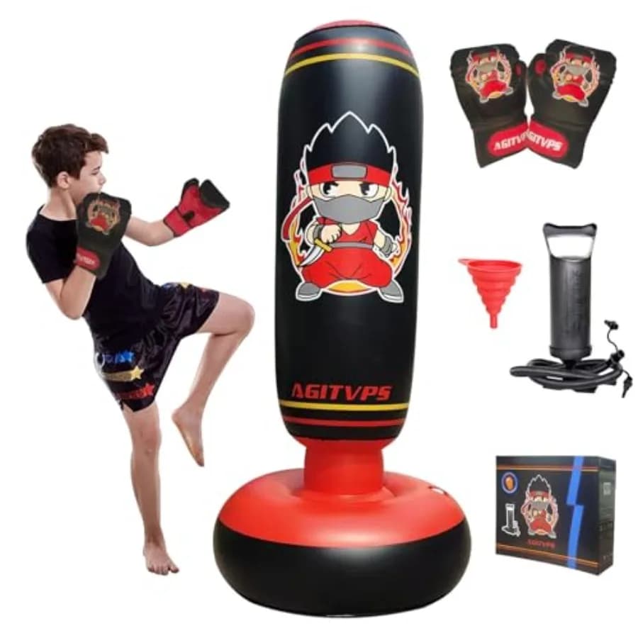 Set Sacco da Boxe Gonfiabile, Sacco da Boxe da 168 cm per Ragazzi e Ragazze dai 8-12 Anni con Guantoni da Boxe, Super Pompa ad Aria Adatta per 's D