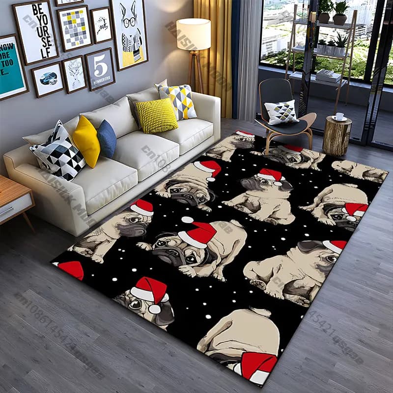 Carpet with pug wearing Santa Claus hats, yoga mat, living room decoration, baby cat mat, tirbino, decorative carpet, game mat