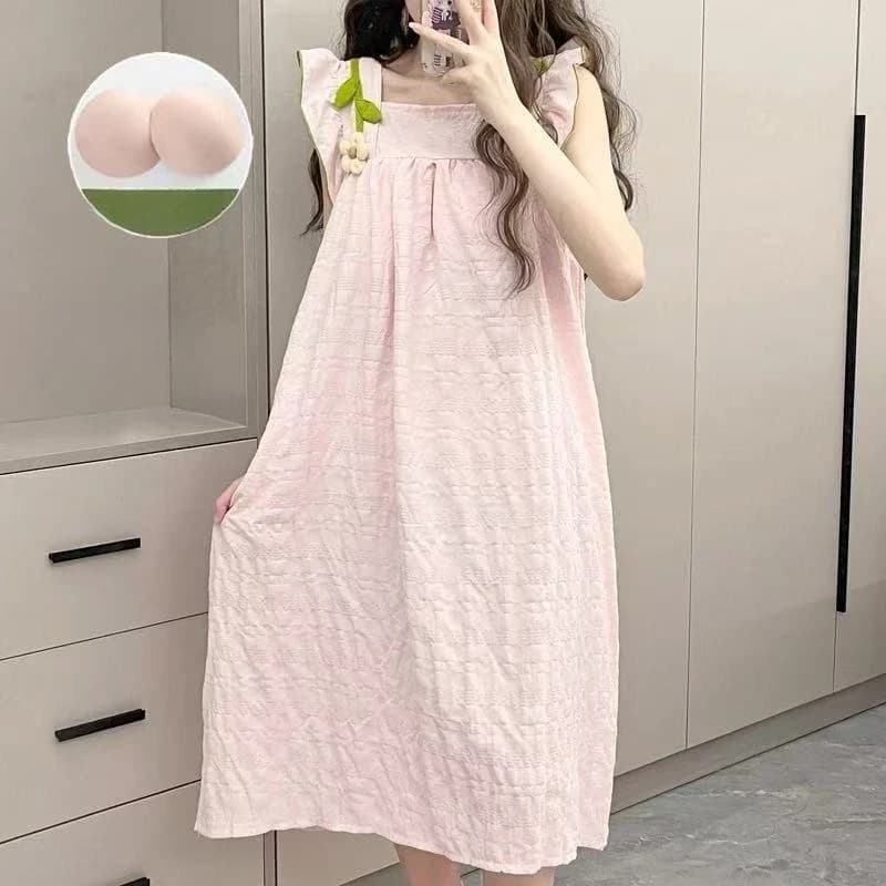 Casual Sleeveless Sling Summer Lady Pajamas Women Solid Colour Camisole Nightgowns Girls Cute Flower Chest Pad Sleepshirts
