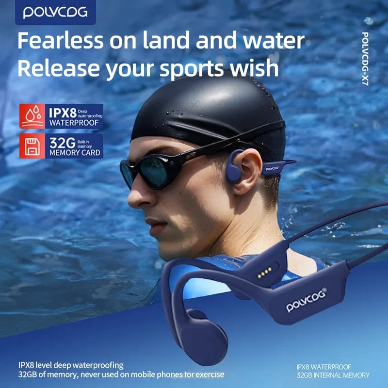POLVCDG Auricolari a conduzione ossea Bluetooth 5.3 IPX8 per nuoto e corsa con memoria da 32GB e microfono MP3 2024 NUOVO X7