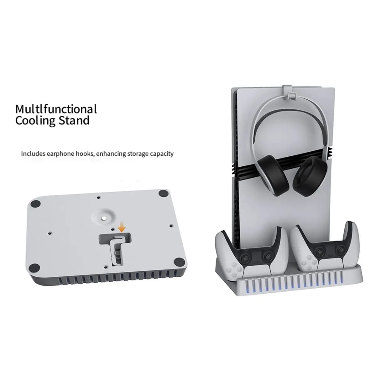 Supporto N94R per PS5/PS5 Slim/PS5 Pro con gancio per cuffie, supporto di raffreddamento e stazione di ricarica per controller PS5 con ventola di raffreddamento