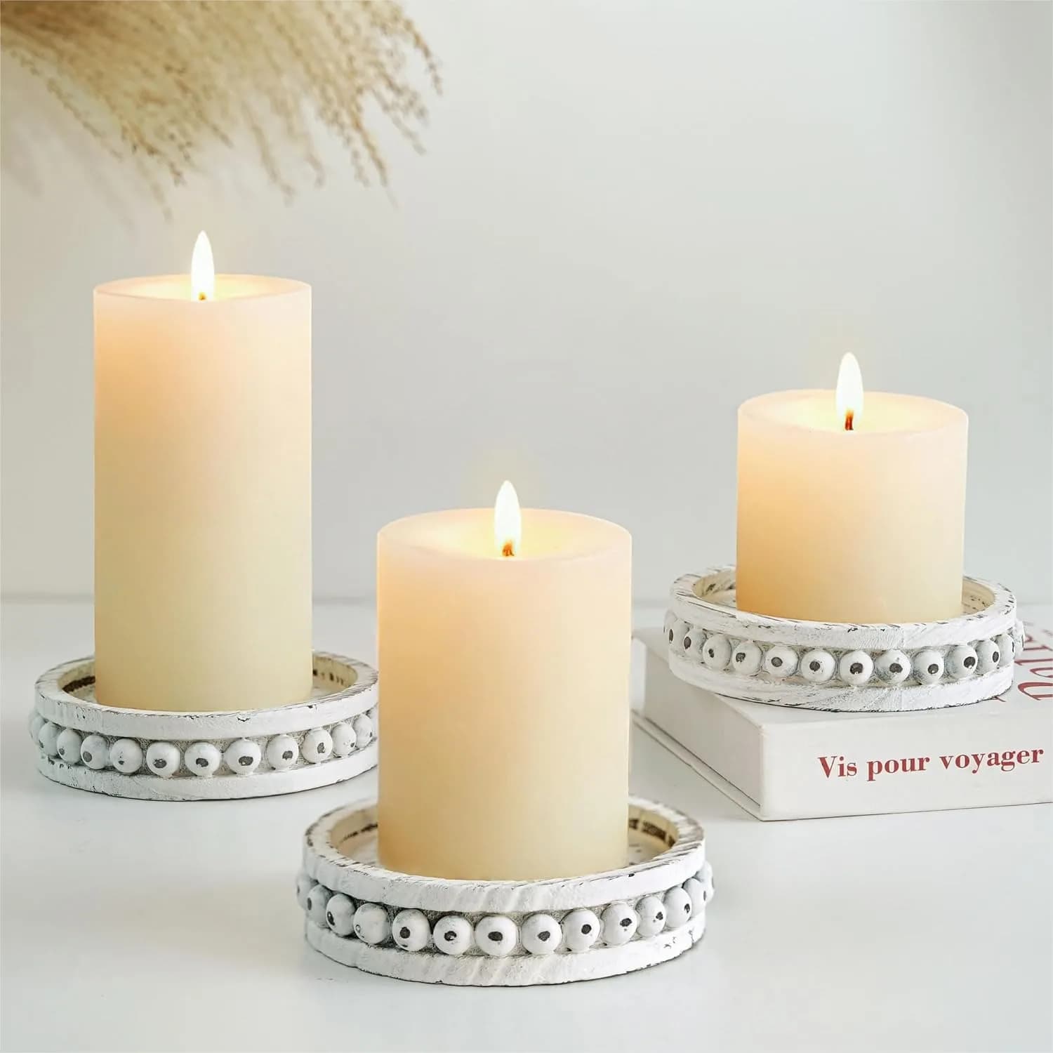 Portacandele in Legno per Candele a Colonna: Set di 3 Candelieri Rustici Stile Fattoria, Supporto per Candele Sbiancato per Tavolo