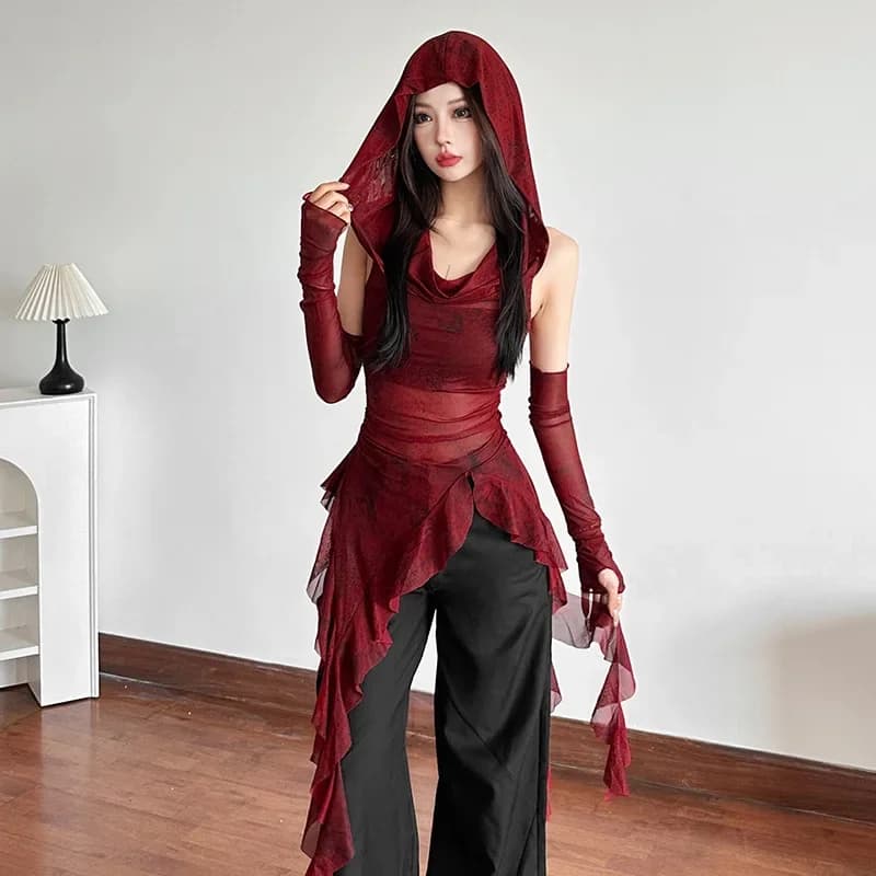 Nice Streetwear anni '90 Grunge Mesh See Through Top con cappuccio Cyber Y2K Orlo irregolare con volant Felpa con cappuccio Camicetta slim da donna con polsini