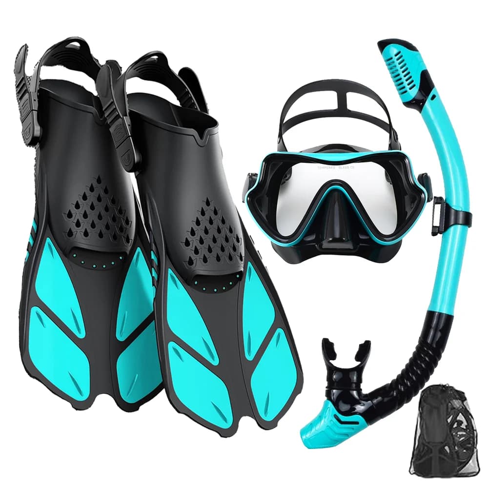 Snorkeling set with mask fins, adult snorkeling equipment, snorkeling mask with panoramic view, adjustable dive fins, dry upper snork