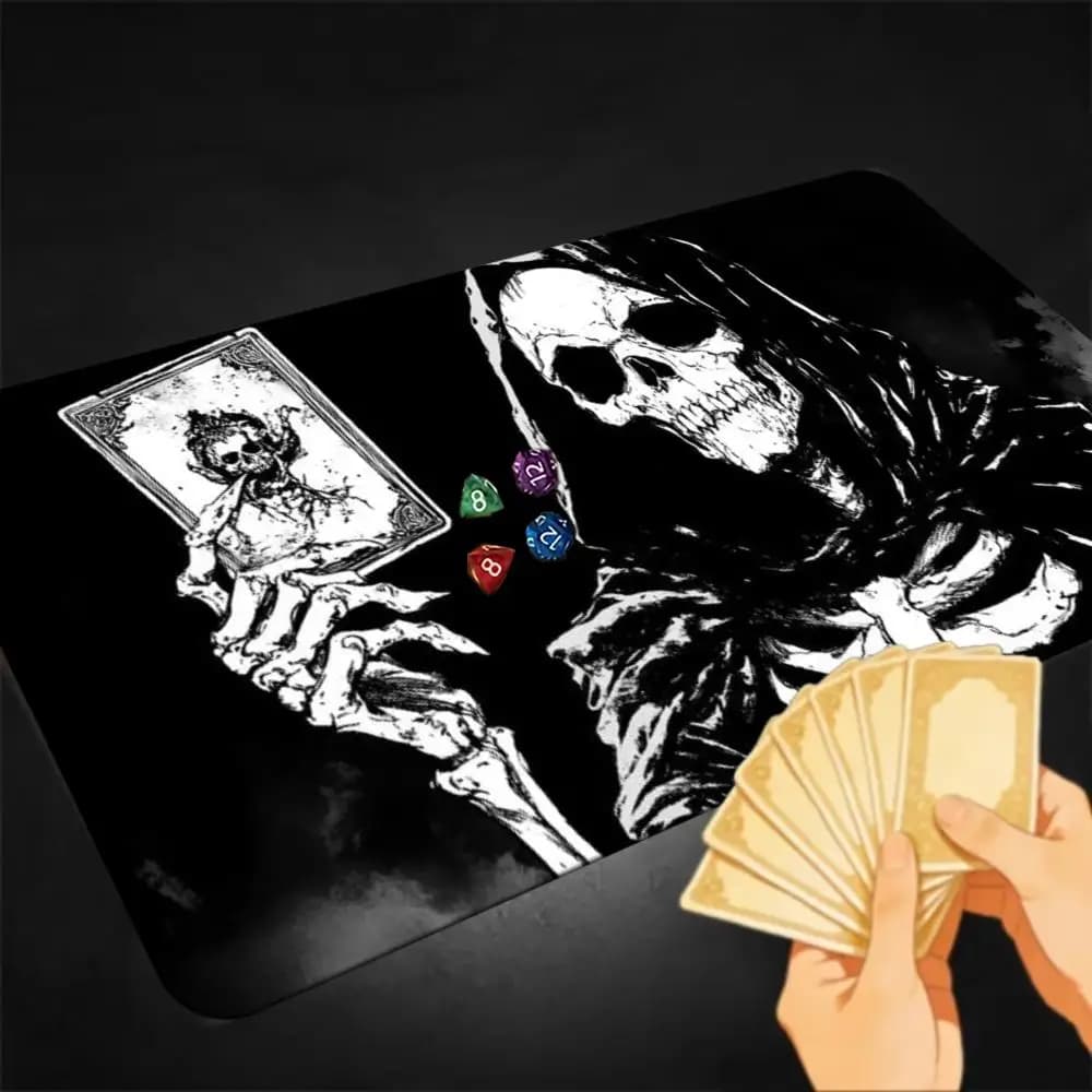 Grim Reaper Holding Tarot Card TCG Playmat Black‑White Gothic Sketch Dark Occult Art Black Background Non‑Slip Desk Mat