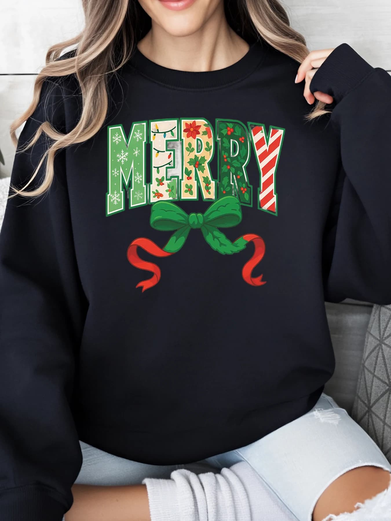 Sweatshirt with Christmas print Holiday Women casual Clothing Black Party Strong cuts