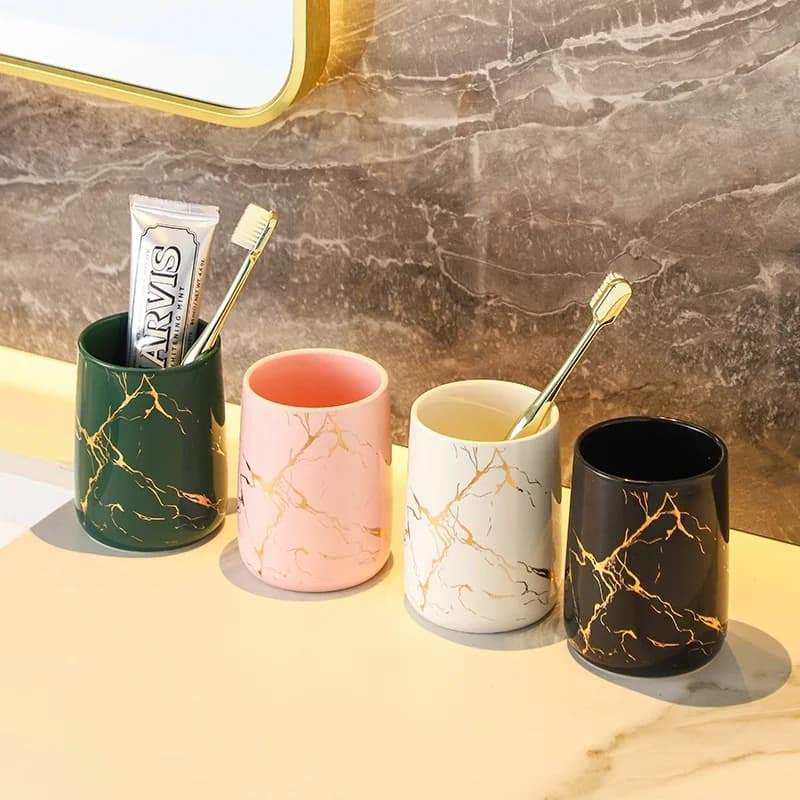 Marble Gold Vein Toothbrush Cup Resin Mouthwash Cup Multi‑color Bathroom Tumbler Toothpaste Holder Household Bathroom Countertop