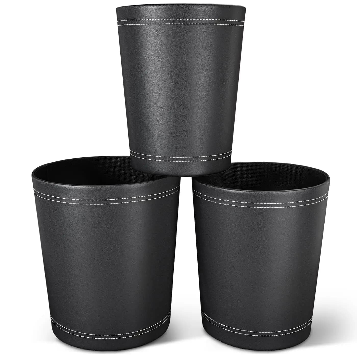 Set di 3 Cestini per Rifiuti in Pelle PU Nera per Bagno, Camera da Letto, Ufficio - Piccoli Contenitori per Spazzatura dal Design Elegante