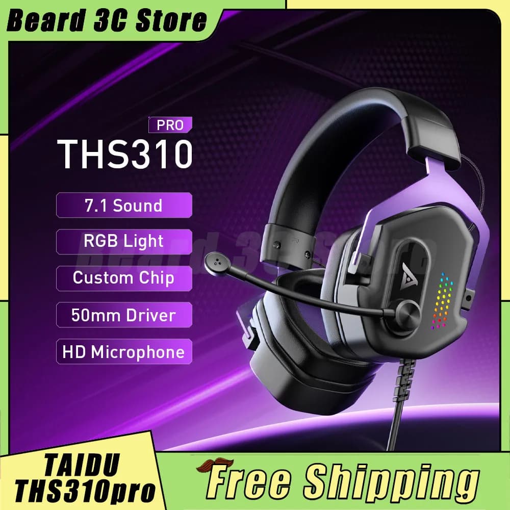 Cuffie da gioco cablate Taidu Ths310 Pro con audio surround 7.1, RGB, over-ear, con microfono a riduzione del rumore per PC e console di gioco
