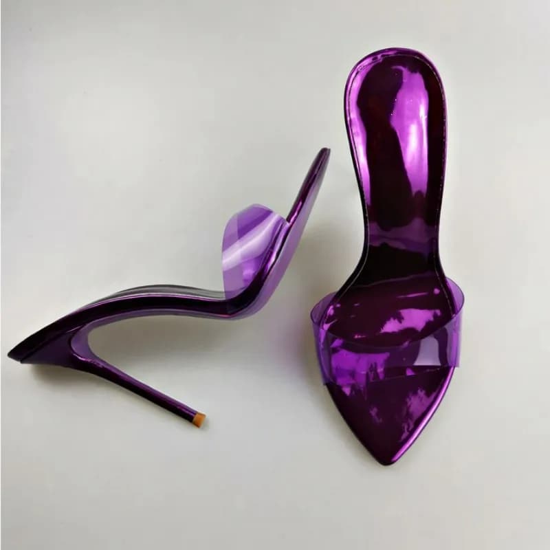 Sexy Pointy Color Pvc Slippers High Heel Sandals Women Brown Purple Green Stiletto Heels Lady Shoes Female Big Size 43 45
