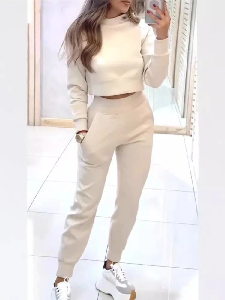 Fashion Long-sleeved Half Turtleneck Short Top + Nine-point Pants 2-piece Set Women Elegant Autumn Solid Color Slim Suit Female