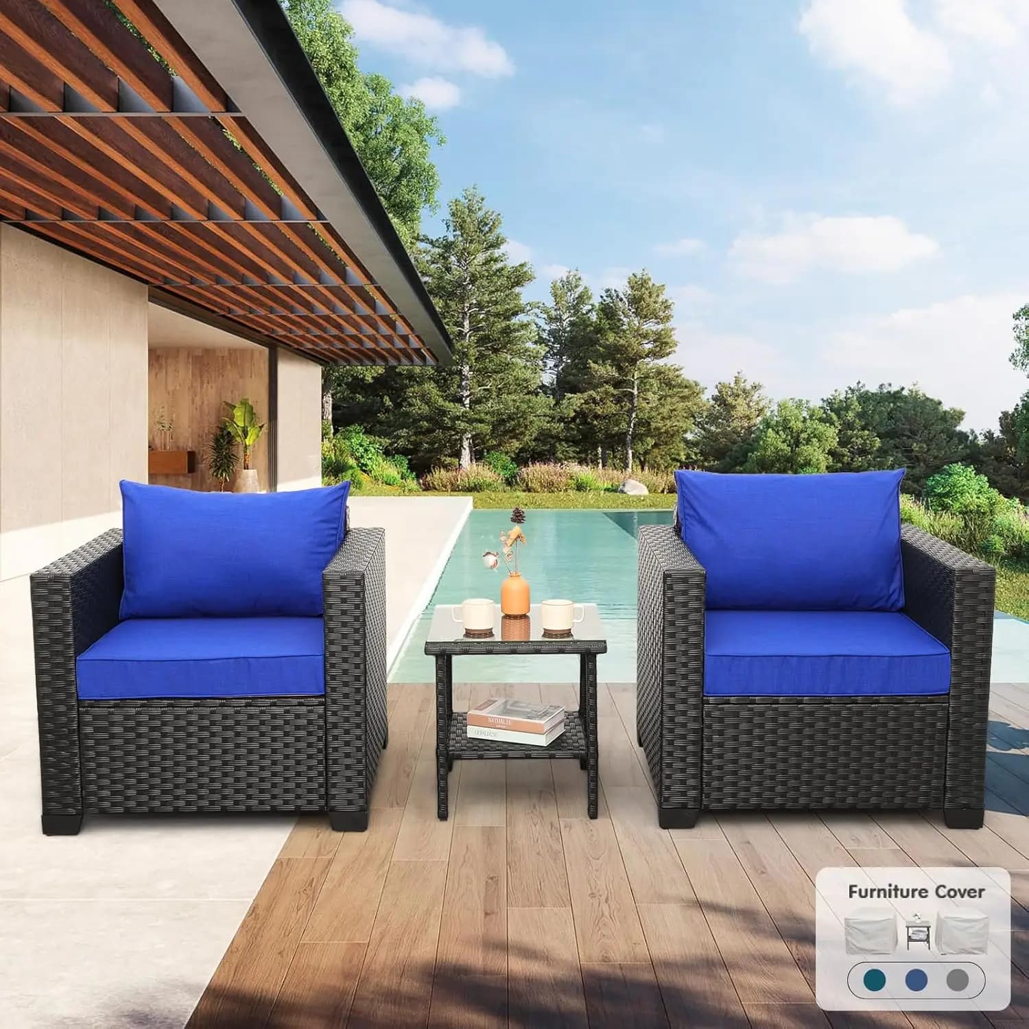 Set da Conversazione per Esterni in Vimini a 3 Pezzi, Sedie da Giardino, Tavolino in Vetro, Cuscini Antiscivolo per Balcone, Coperture Impermeabili, Personalizzabile