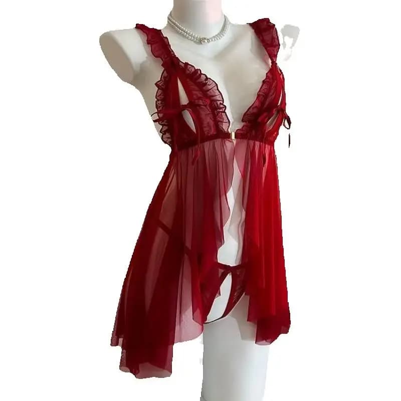 Women Pajamas Set Lace Open Bra Sleepwear Sexy Lingerie Elastic G Strings Nightwear Suit Sleeveless Crotchless Nightdress