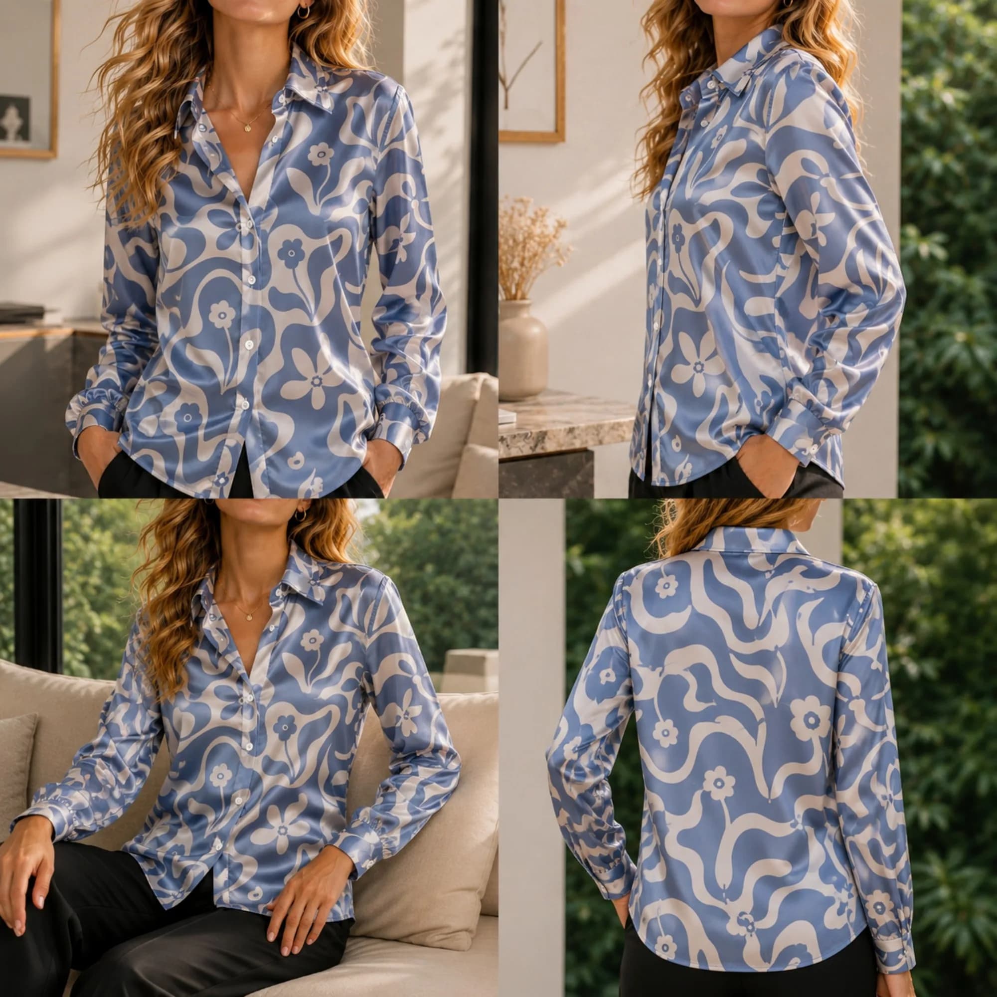 Camicetta Verde in Raso per Donna con Stampa Floreale Bianca, Maniche Lunghe, Bottoni, Elegante Top da Ufficio Primaverile e Autunnale, Abbigliamento Casual Nuovo