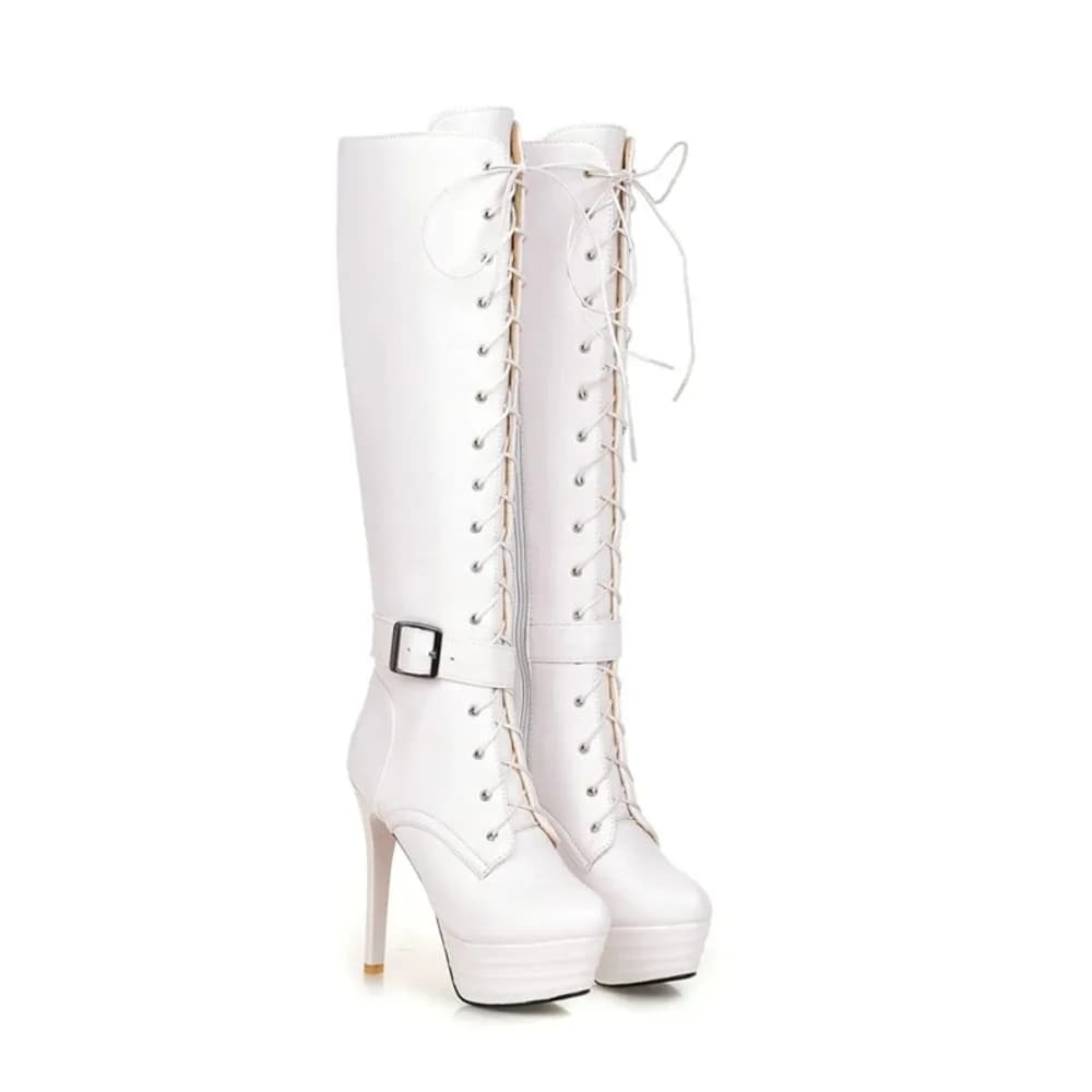 Stivali alti al ginocchio Donna Botas Mujer Moda Lace Up Zip Stivali moderni con plateau invernali da donna Tacchi alti Taglia grande 31-45 Q2