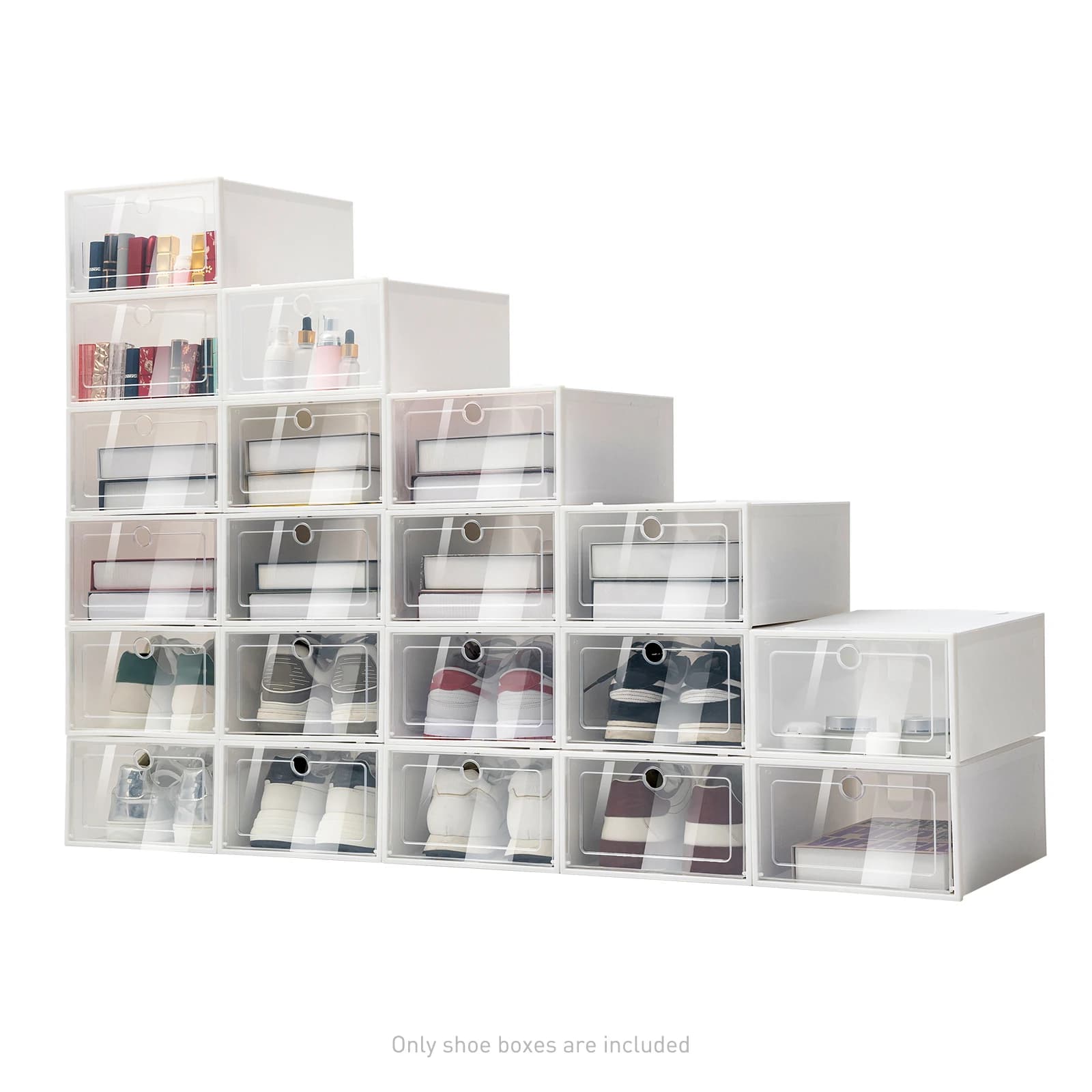 Confezione da 20 scatole portaoggetti per scarpe, organizer per scarpe impilabile in plastica trasparente per armadio, portascarpe pieghevole, contenitore per sneaker