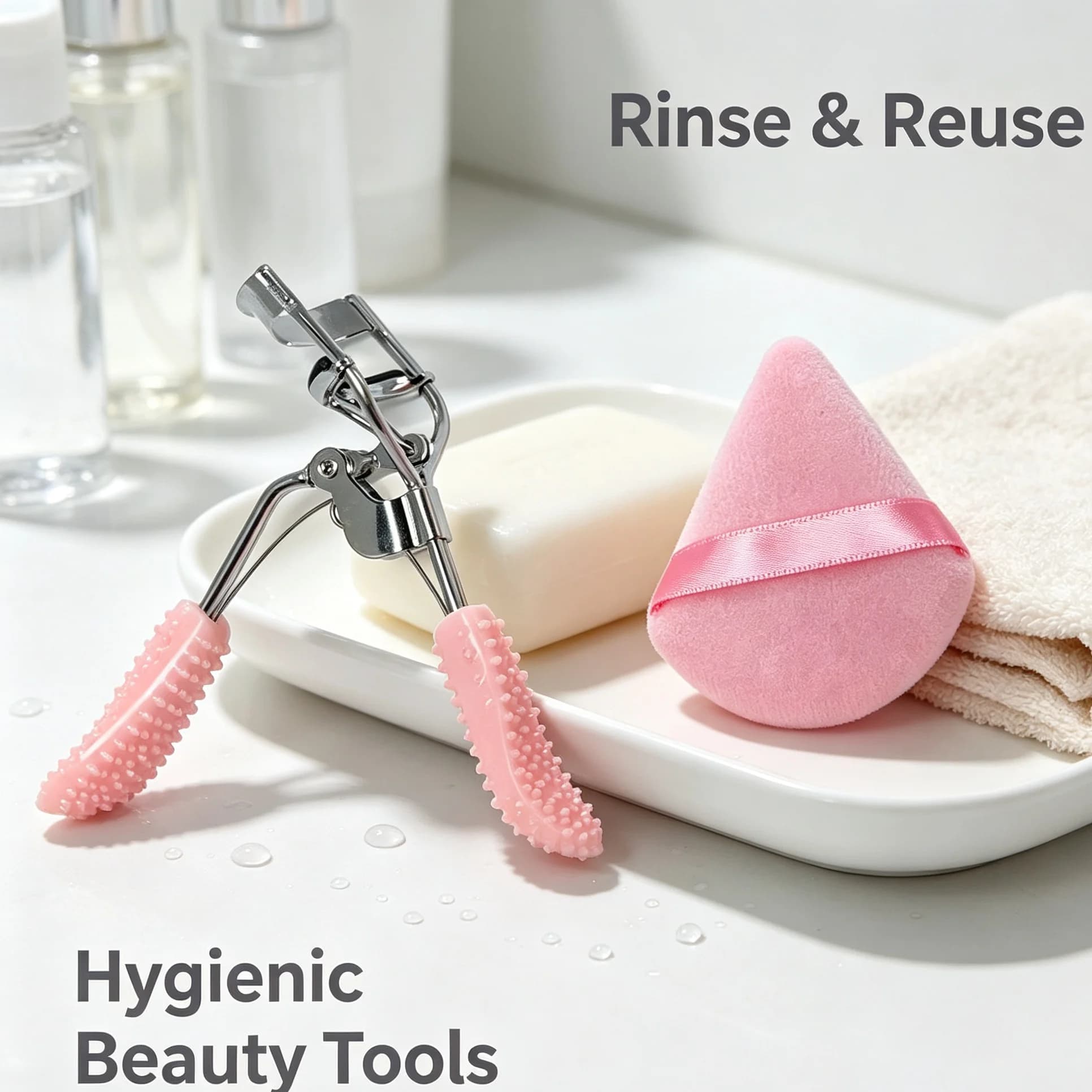 A stainless steel wide-angle lash curler set with a water-drop makeup sponge two-piece kit for smooth application without powder