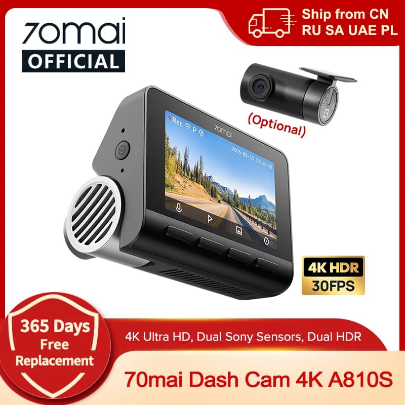 New 70mai Dash Cam A810S 4K HDR GPS ADAS Auto Record Dual-Channel Motion Detection 4G LTE Support Car DVR 70mai A810S Global Ver