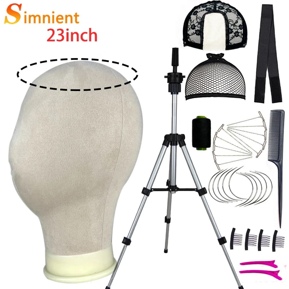 Nuovo 23 pollici Tela Blocco Testa Display Formazione Manichino Testa Styling Manichino Testa di bambola Parrucca Treppiede Supporto Ottieni gratuitamente il kit di installazione della parrucca