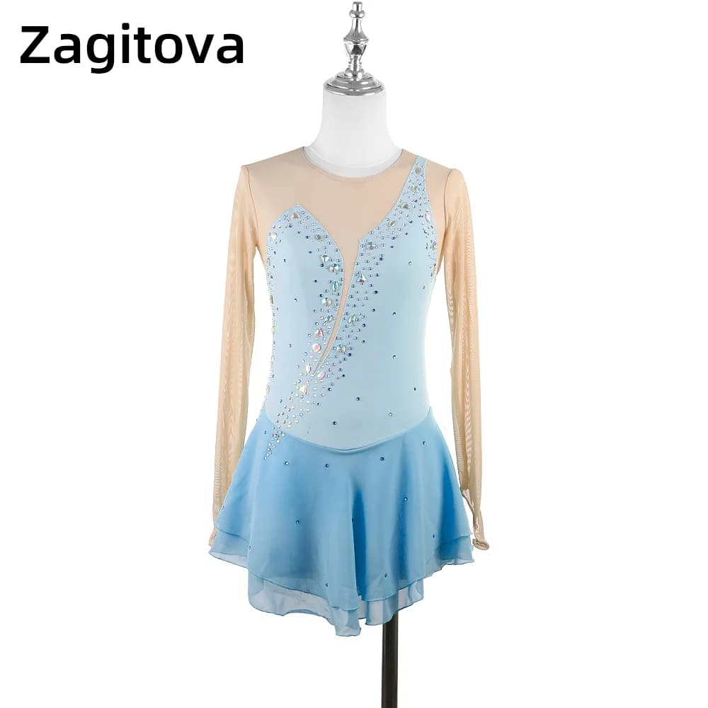 Zagitova Abito da performance di pattinaggio di figura Donna Ragazza Gonna da pattinaggio su ghiaccio Manica lunga Gonna in rete blu acqua Concorso