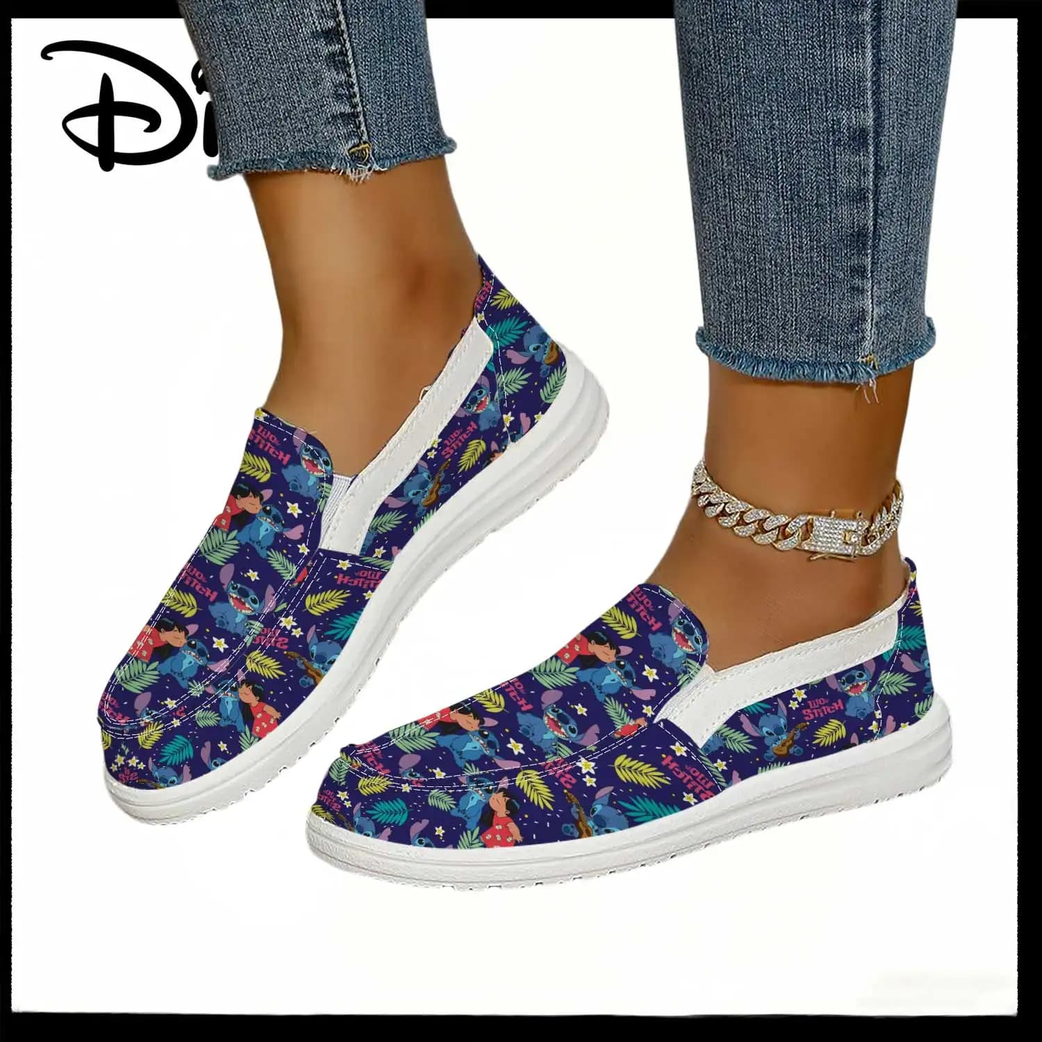 Disney Lilo & Stitch sneakers with dark purple tropical print – Women's casual comfortable shoes