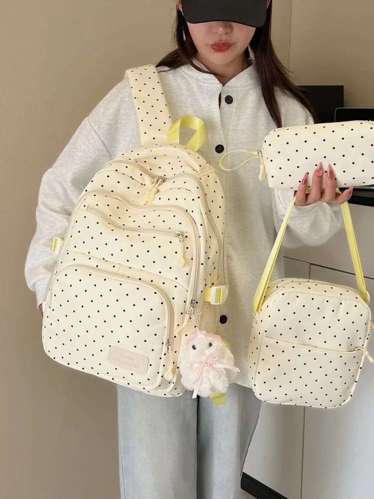 Gentle Style Polka Dot 3 In 1 Canvas Backpack Girls Campus Large School Bag Simple Hand Crossbody Bag Pencil Case Set