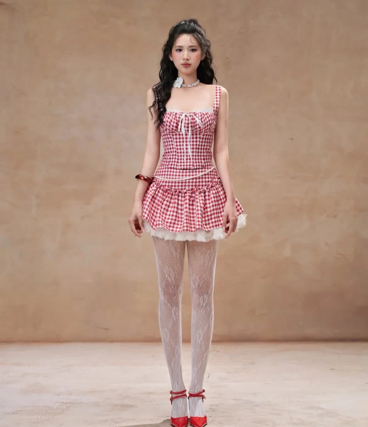 Red Gingham 2 Piece Skirt Set Women Bow Lace Trim Corset Cami Top & Layered Ruffle Mini Skirt