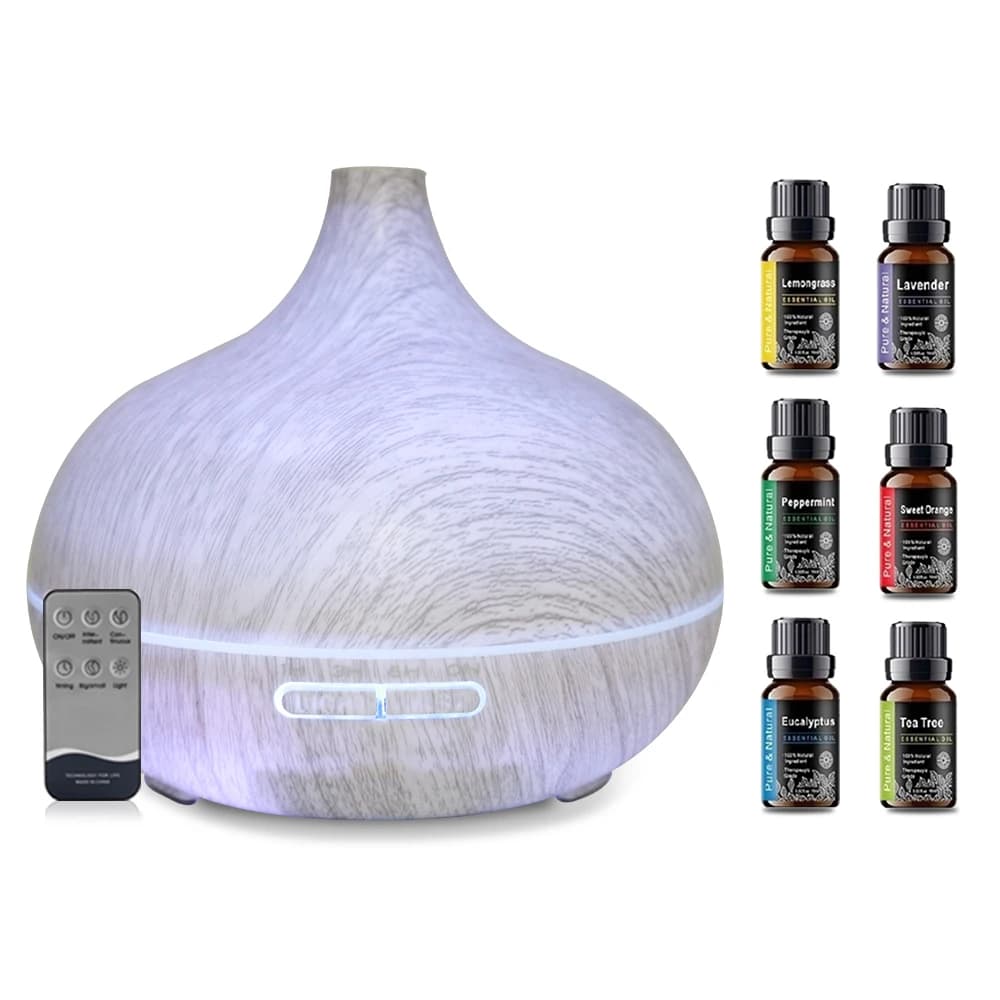 Diffusore di Oli Essenziali da 550ml Effetto Legno, 6 Oli Inclusi, Umidificatore a Ultrasuoni, Telecomando e Spegnimento Automatico, Perfetto per la Casa