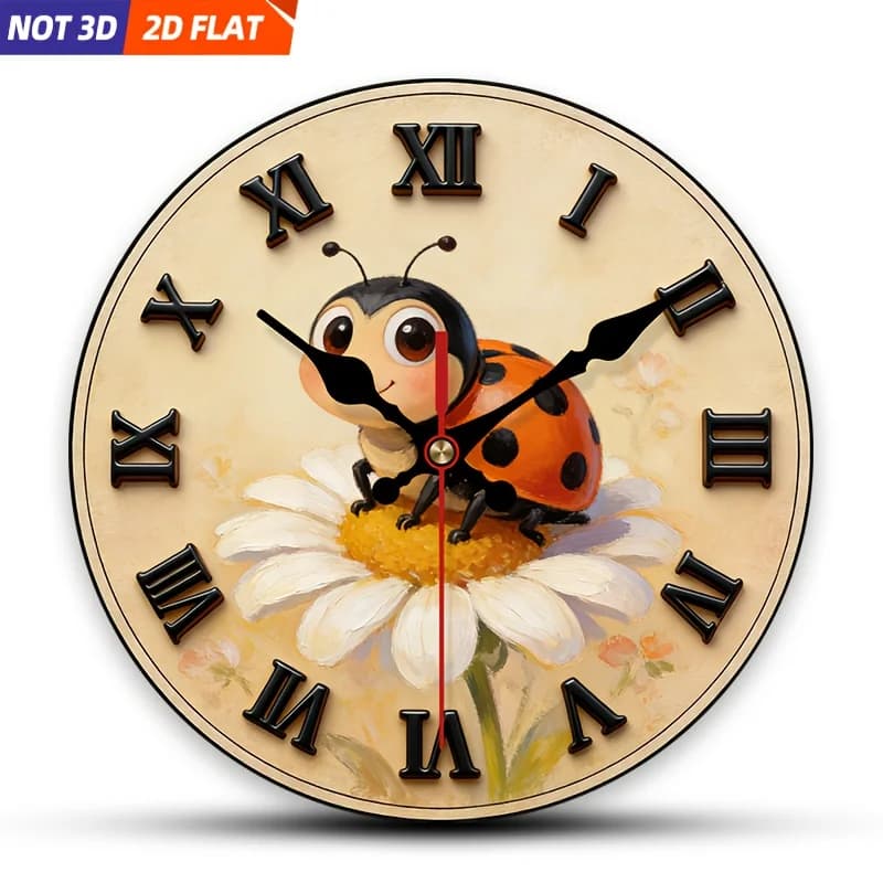 1 orologio da parete piatto bidimensionale con design a coccinella e margherita, perfetto per l'arredamento in stile country. Questo Arredamento Silenzioso